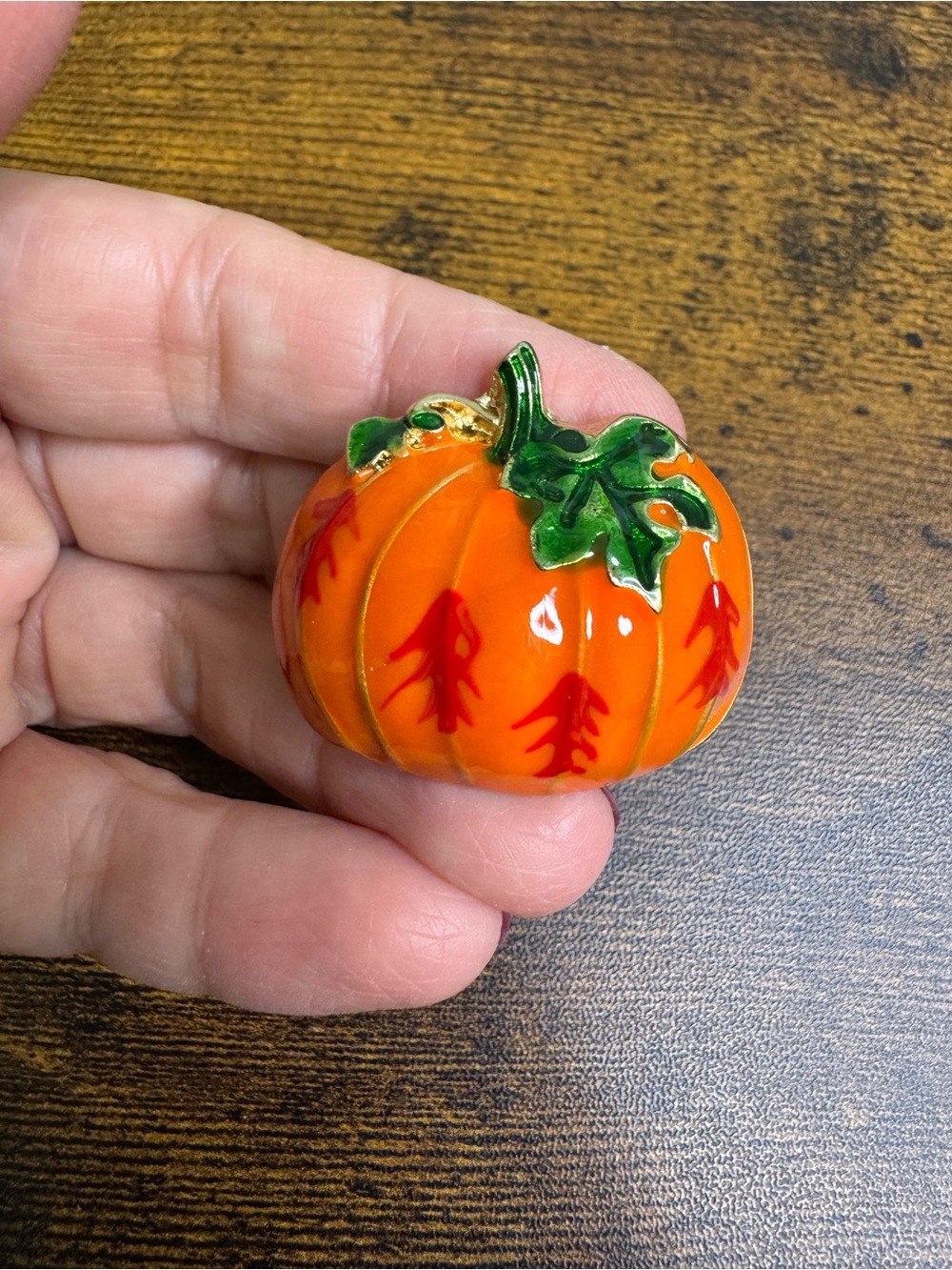 4/$20 Orange Pumpkin Enamel Pin with Green Leaf
